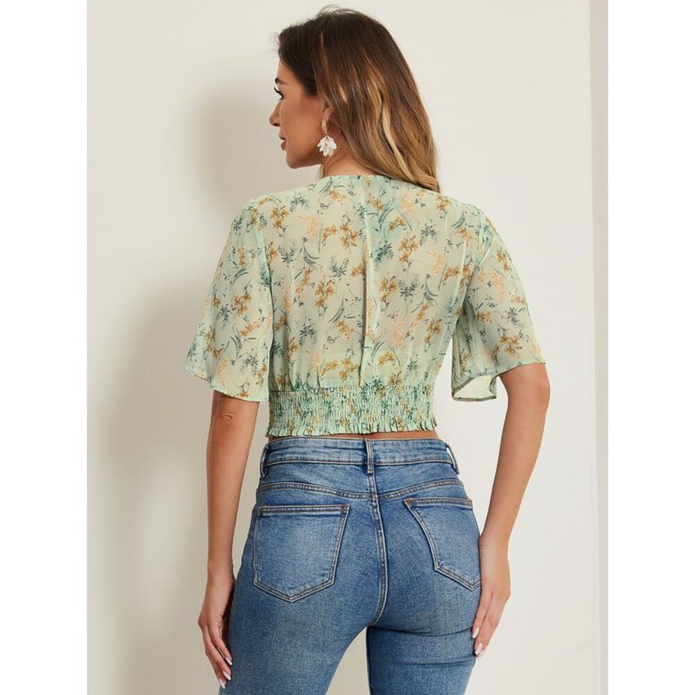 Floral Flare Short Sleeve V Neck Summer Smocked Crop Tops Green - Picture 4 of 6